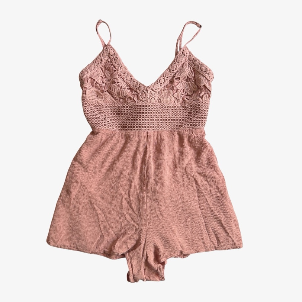 Aeropostale Women's Crochet Lace Romper Shorts Jumpsuit Sleeveless Pink Size XS